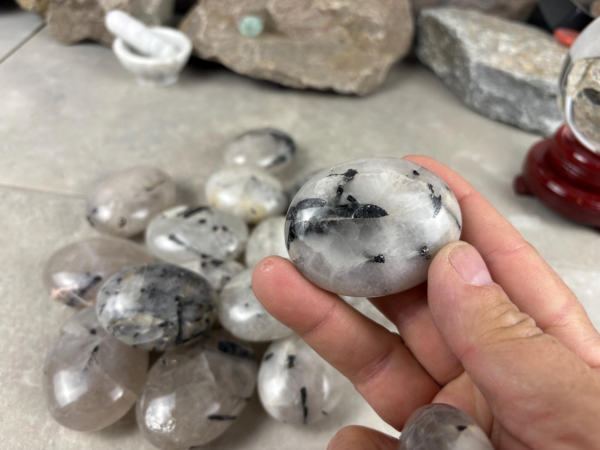 Brazilian Minas Gerais Tourmaline Quartz Palm Natural Crystal Polished Worry Stone Decor Anxiety Pocket Distraction Meditation Christmas