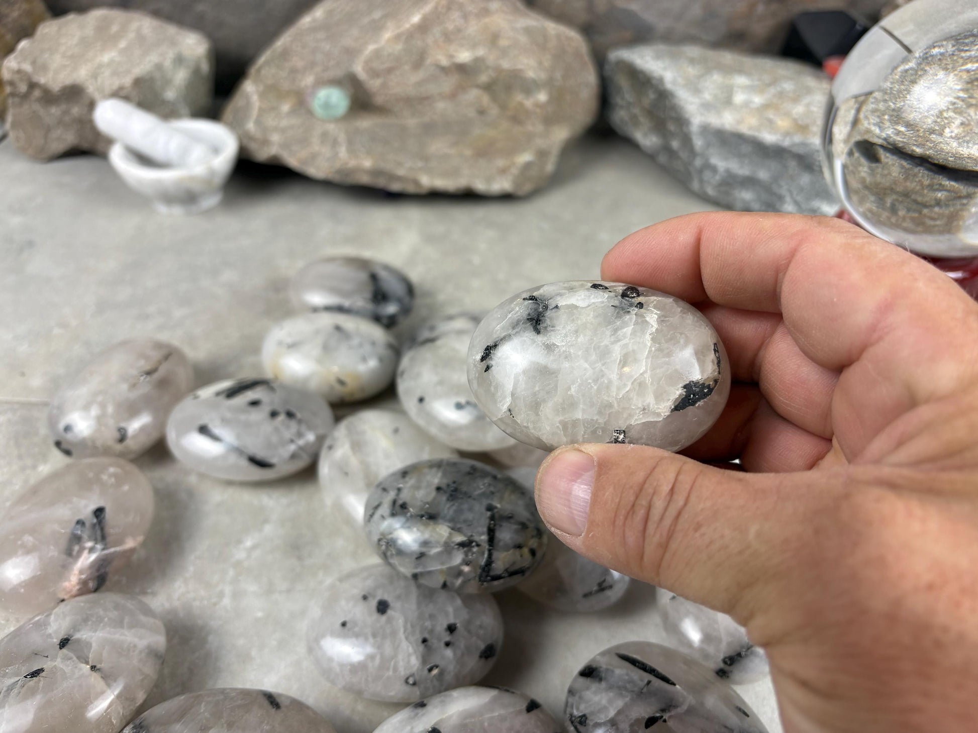 Brazilian Minas Gerais Tourmaline Quartz Palm Natural Crystal Polished Worry Stone Decor Anxiety Pocket Distraction Meditation Christmas