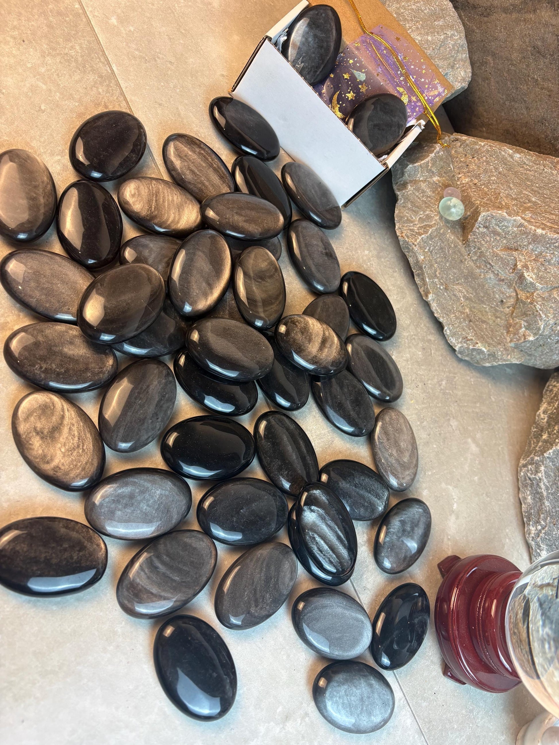 High Shimmer Nevada Silver Obsidian Palm Stone Worry Stone Home Decor Stress Pocket Anxiety Birthday Gift Christmas Meditation Crystal Charm