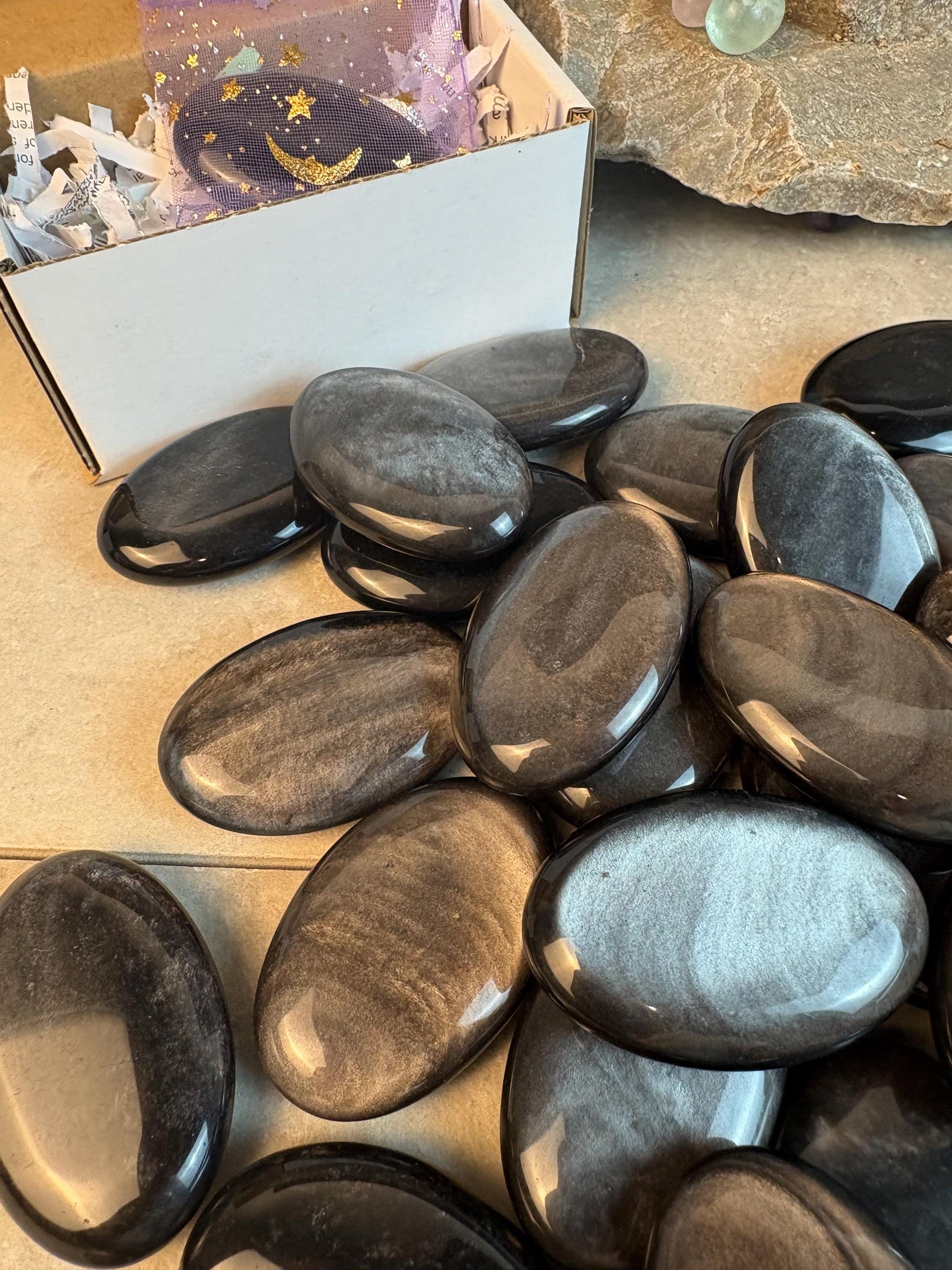 High Shimmer Nevada Silver Obsidian Palm Stone Worry Stone Home Decor Stress Pocket Anxiety Birthday Gift Christmas Meditation Crystal Charm
