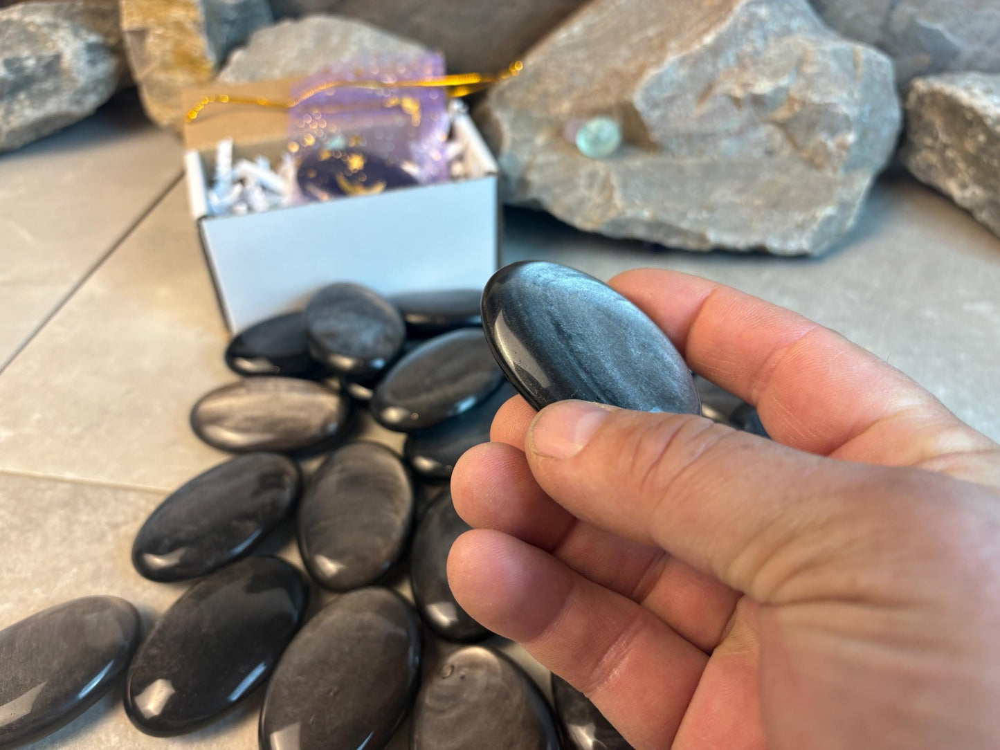 High Shimmer Nevada Silver Obsidian Palm Stone Worry Stone Home Decor Stress Pocket Anxiety Birthday Gift Christmas Meditation Crystal Charm
