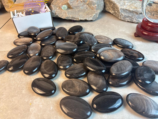 High Shimmer Nevada Silver Obsidian Palm Stone Worry Stone Home Decor Stress Pocket Anxiety Birthday Gift Christmas Meditation Crystal Charm