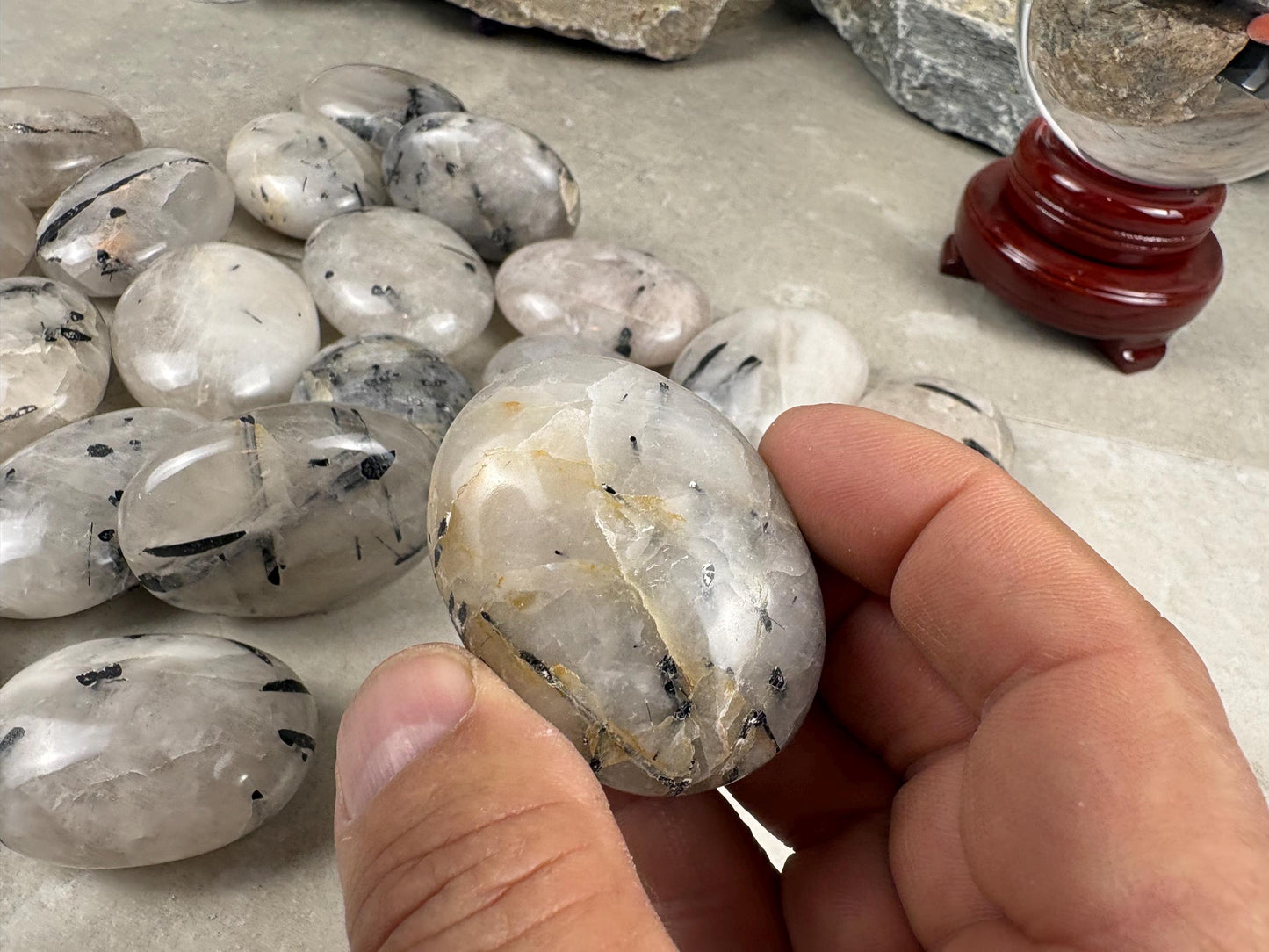 Brazilian Minas Gerais Tourmaline Quartz Palm Natural Crystal Polished Worry Stone Decor Anxiety Pocket Distraction Meditation Christmas