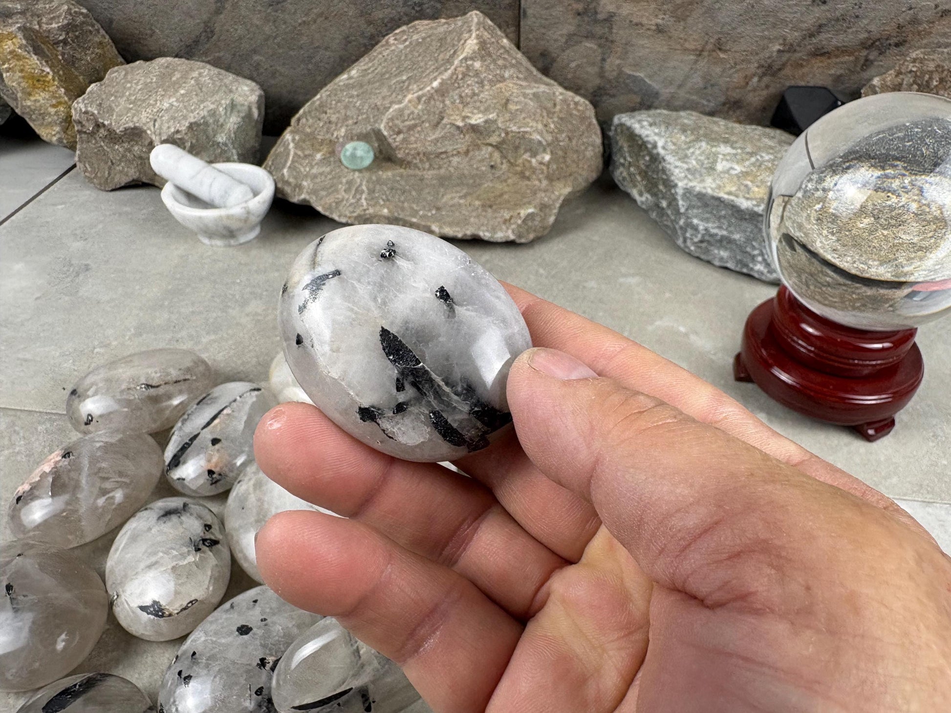 Brazilian Minas Gerais Tourmaline Quartz Palm Natural Crystal Polished Worry Stone Decor Anxiety Pocket Distraction Meditation Christmas