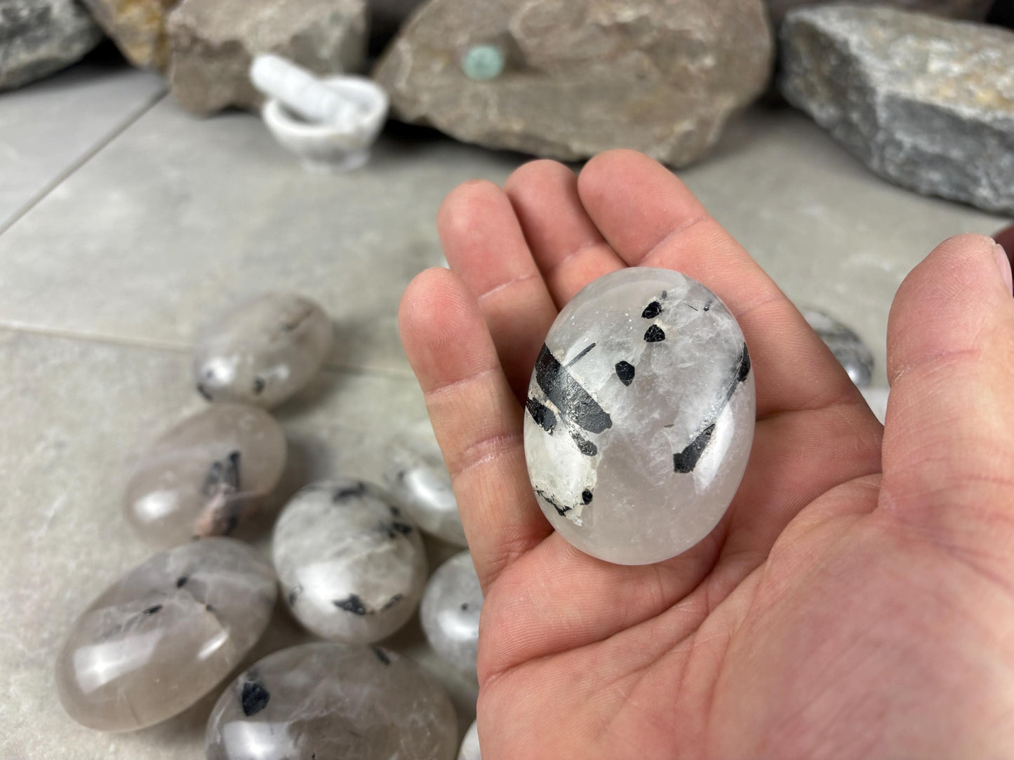 Brazilian Minas Gerais Tourmaline Quartz Palm Natural Crystal Polished Worry Stone Decor Anxiety Pocket Distraction Meditation Christmas