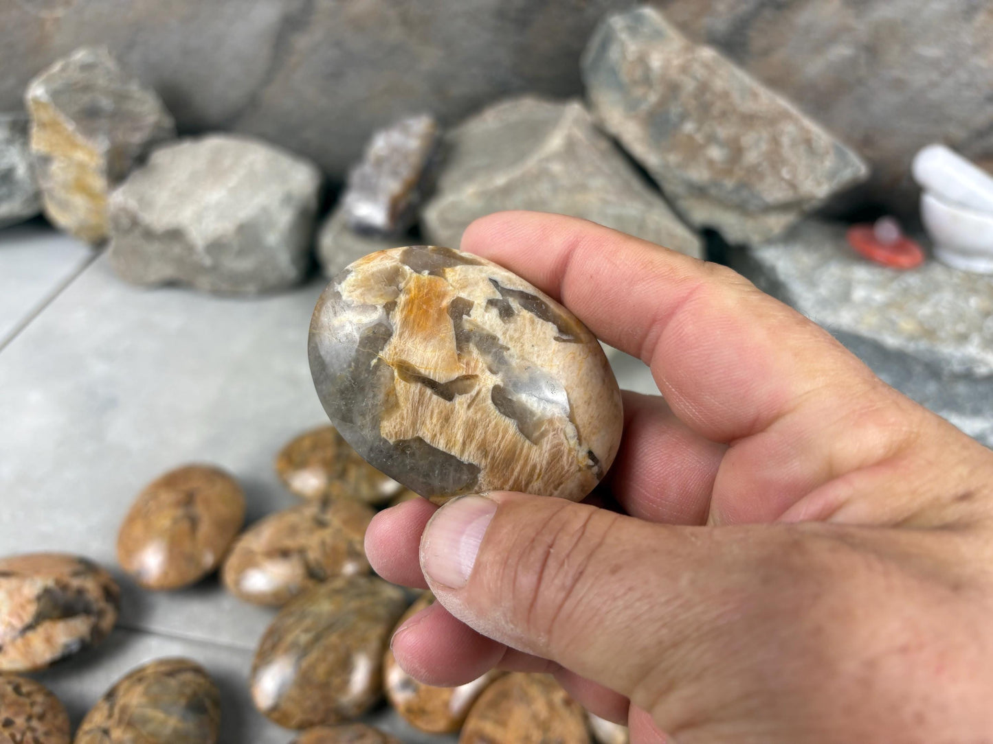 Rajasthan Orange Moonstone with Smoky Quartz Palm Stone Polished Worry Stone Home Decor Anxiety Pocket Gift Worry Pocket Stress Birthday