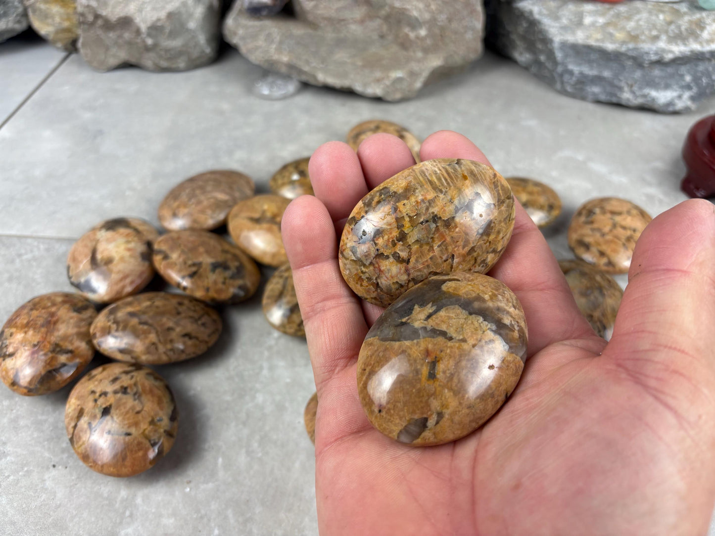 Rajasthan Orange Moonstone with Smoky Quartz Palm Stone Polished Worry Stone Home Decor Anxiety Pocket Gift Worry Pocket Stress Birthday