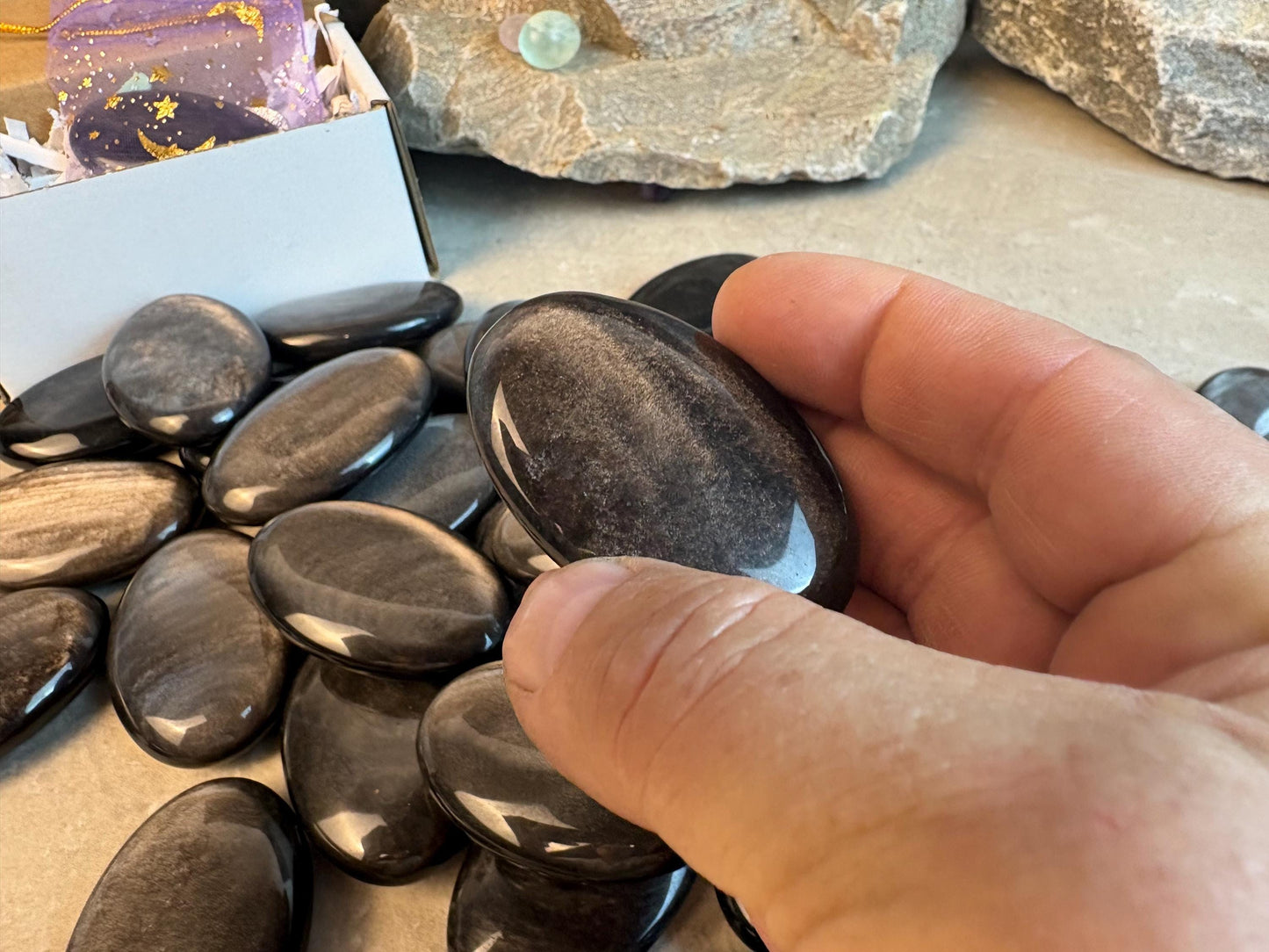 High Shimmer Nevada Silver Obsidian Palm Stone Worry Stone Home Decor Stress Pocket Anxiety Birthday Gift Christmas Meditation Crystal Charm