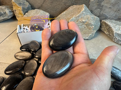 High Shimmer Nevada Silver Obsidian Palm Stone Worry Stone Home Decor Stress Pocket Anxiety Birthday Gift Christmas Meditation Crystal Charm