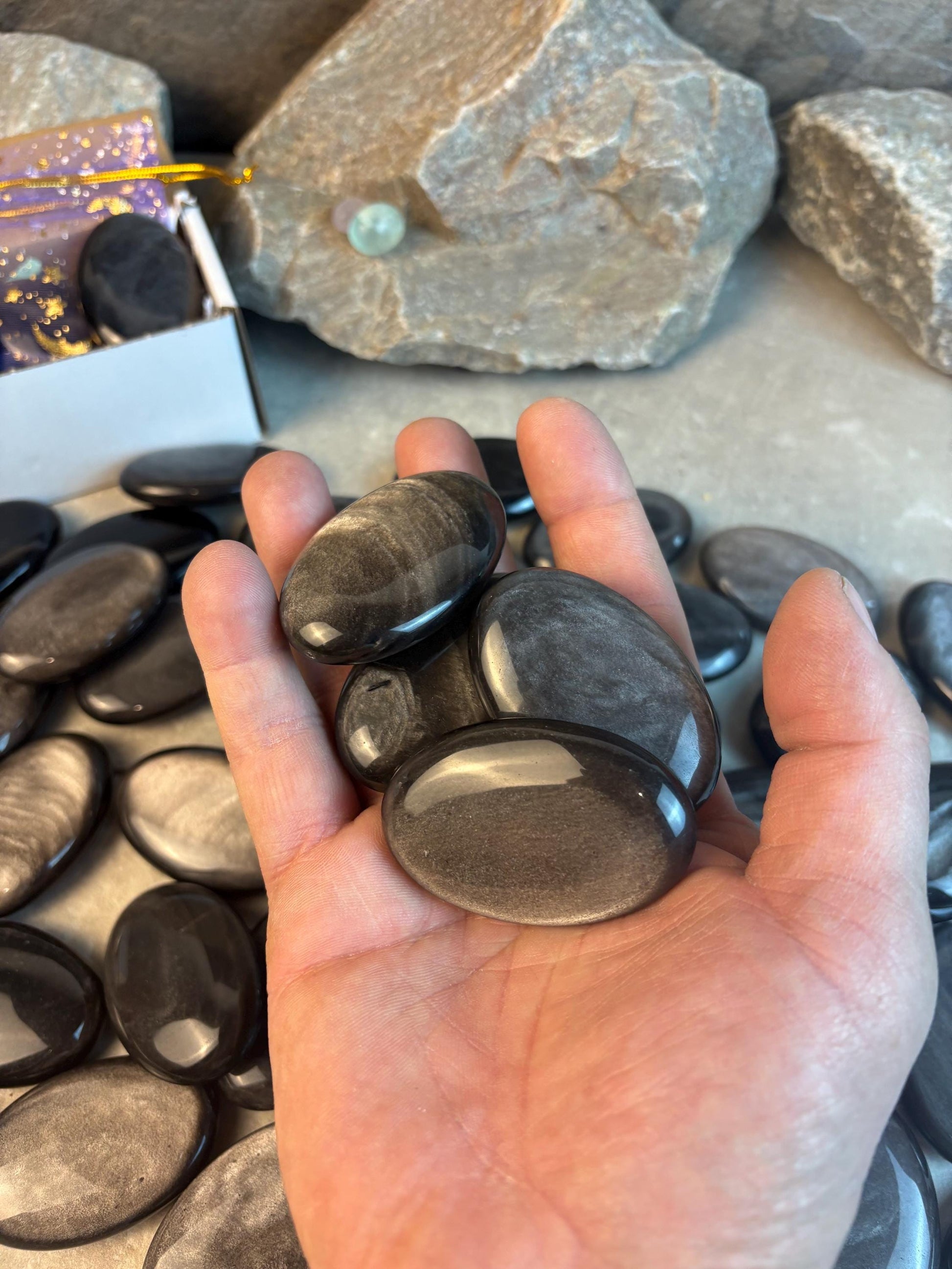 High Shimmer Nevada Silver Obsidian Palm Stone Worry Stone Home Decor Stress Pocket Anxiety Birthday Gift Christmas Meditation Crystal Charm