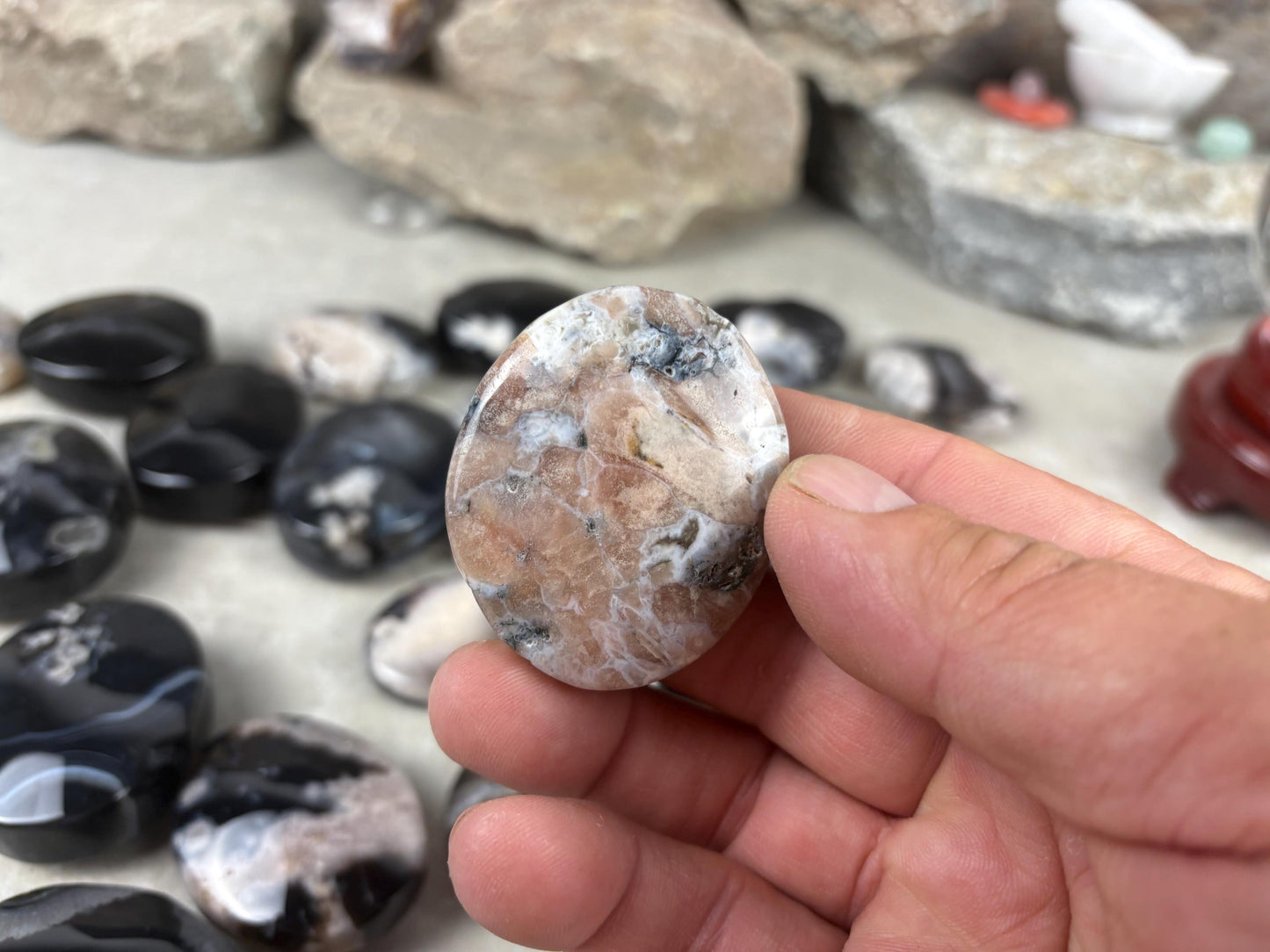 Black Flower Agate Palm Stone: Anxiety Relief Meditation Gift Home Decor Worry Pocket Stress Anxiety Meditation Worry Anxiety Distraction