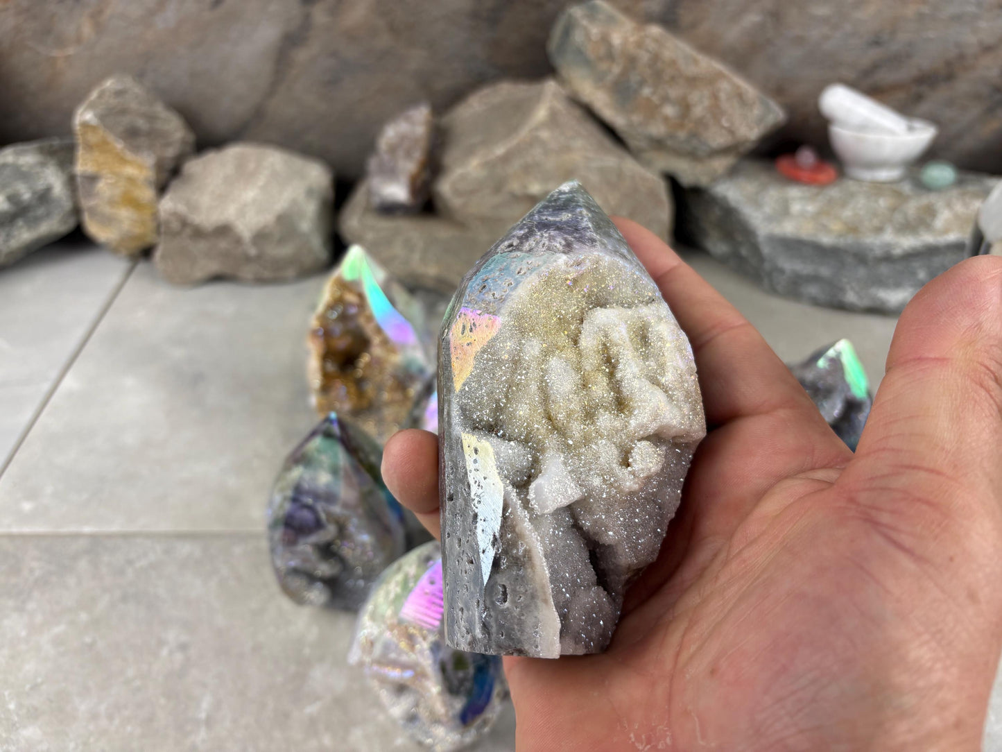 Angel Aura Druzy Quartz Carved Crystal Statue Paperweight Birthday Gift Meditation Home Desk Decor