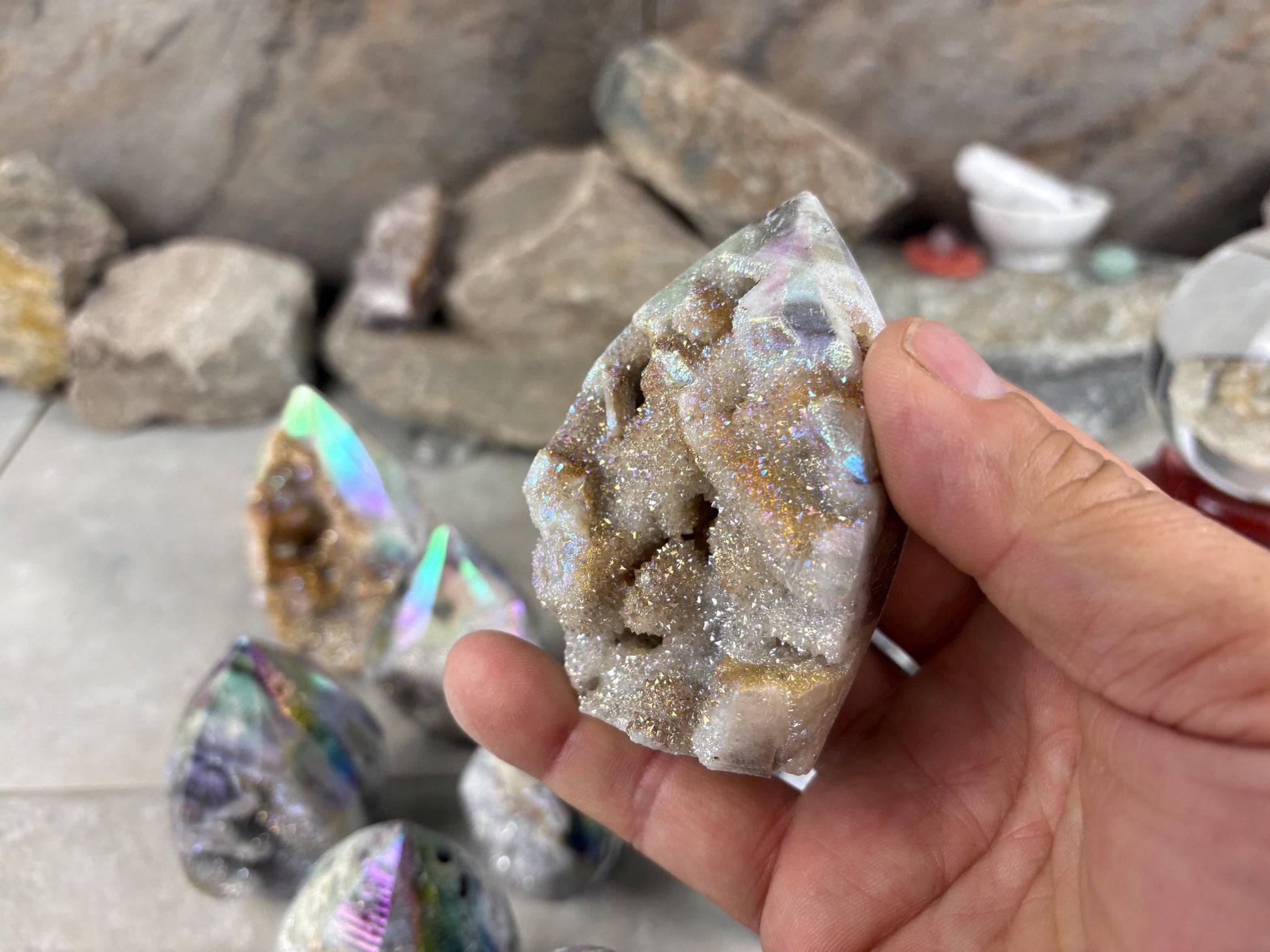 Angel Aura Druzy Quartz Carved Crystal Statue Paperweight Birthday Gift Meditation Home Desk Decor
