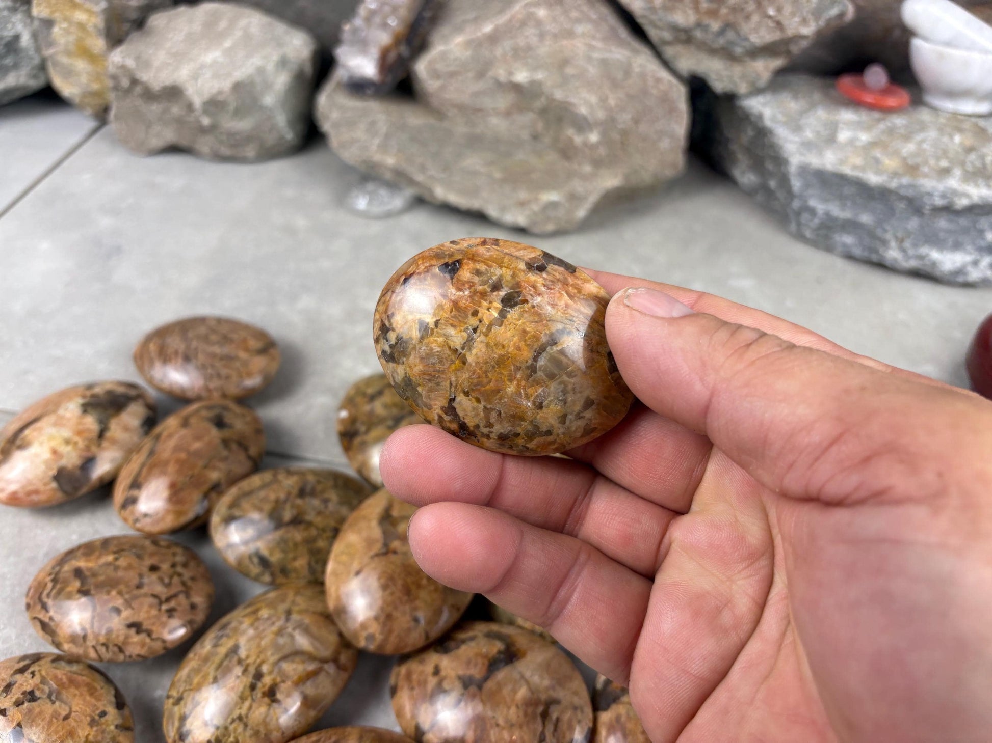 Rajasthan Orange Moonstone with Smoky Quartz Palm Stone Polished Worry Stone Home Decor Anxiety Pocket Gift Worry Pocket Stress Birthday