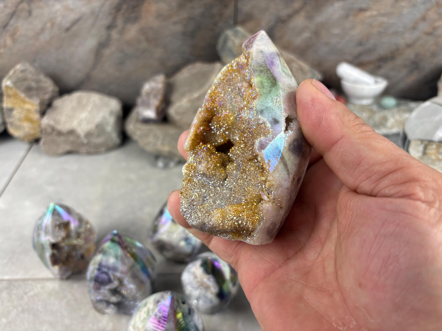 Angel Aura Druzy Quartz Carved Crystal Statue Paperweight Birthday Gift Meditation Home Desk Decor