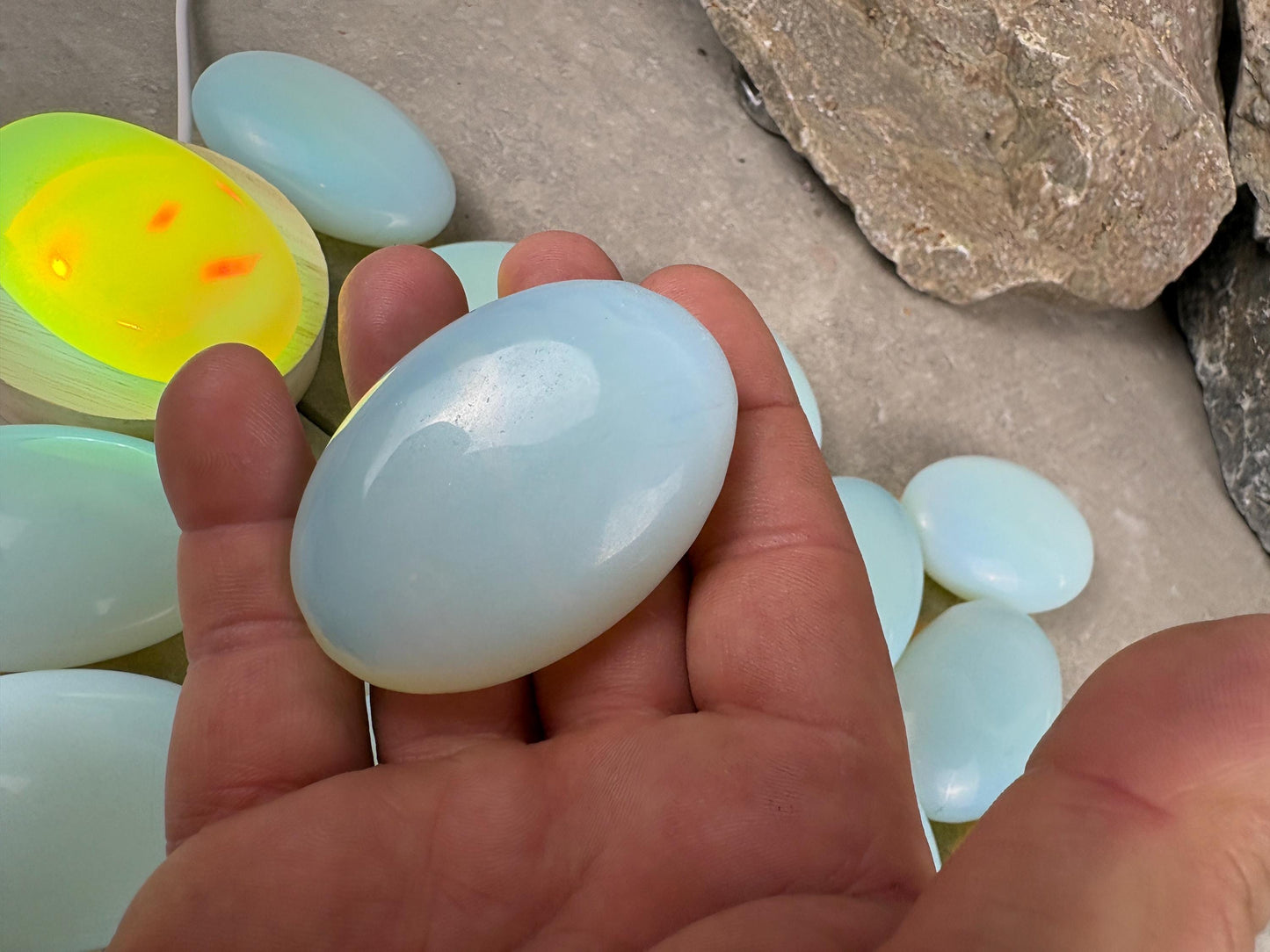 Angel Glass Opalite Palm Stone: Polished Crystal for Anxiety Relief Home Decor Worry Pocket Stress Anxiety Palm Birthday Christmas Gift