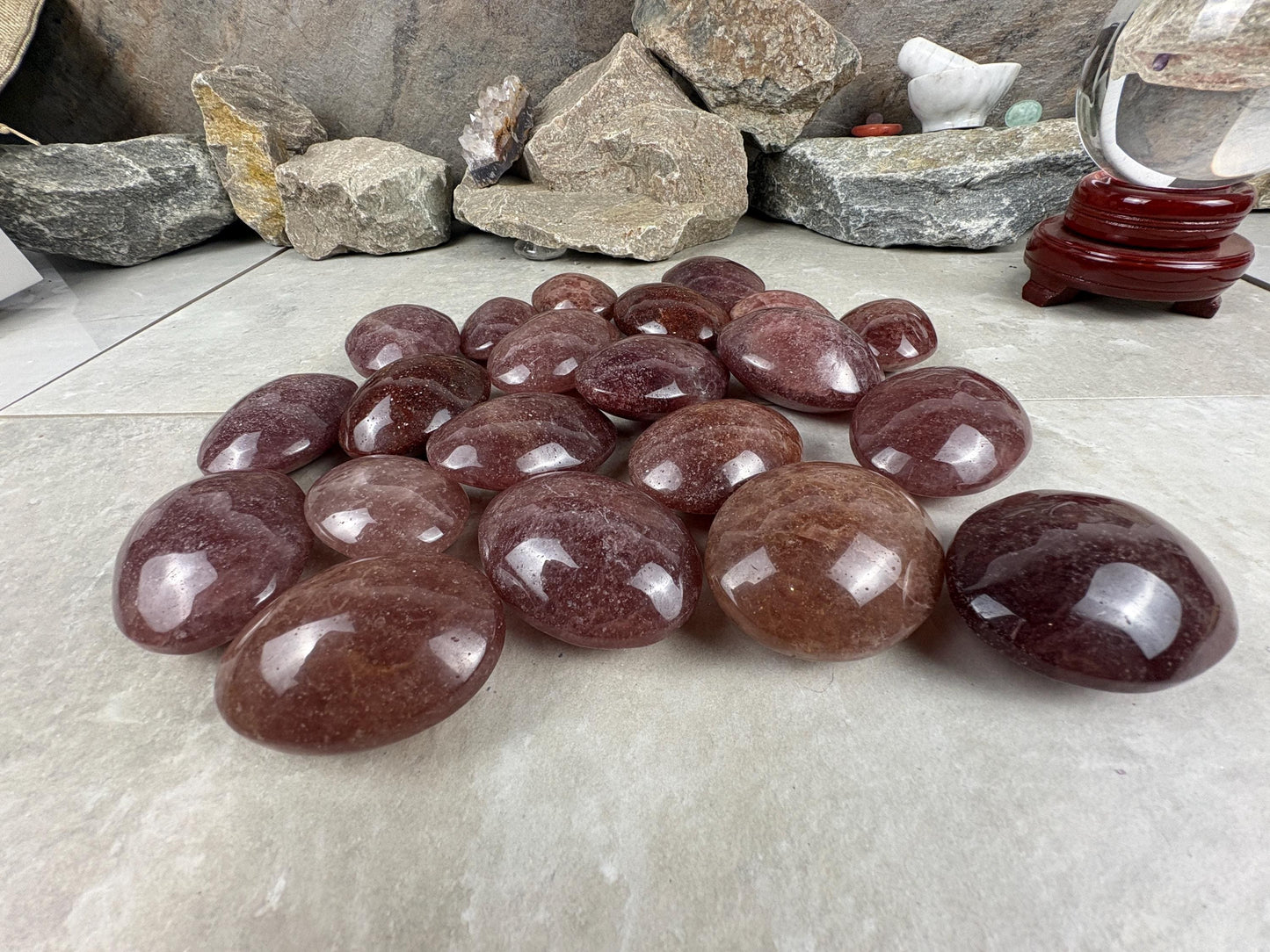 Arkansas Strawberry Quartz Palm Carving Polished Healing Stones Home Decor Arts Crafts Pocket Anxiety Stress Distraction Gift