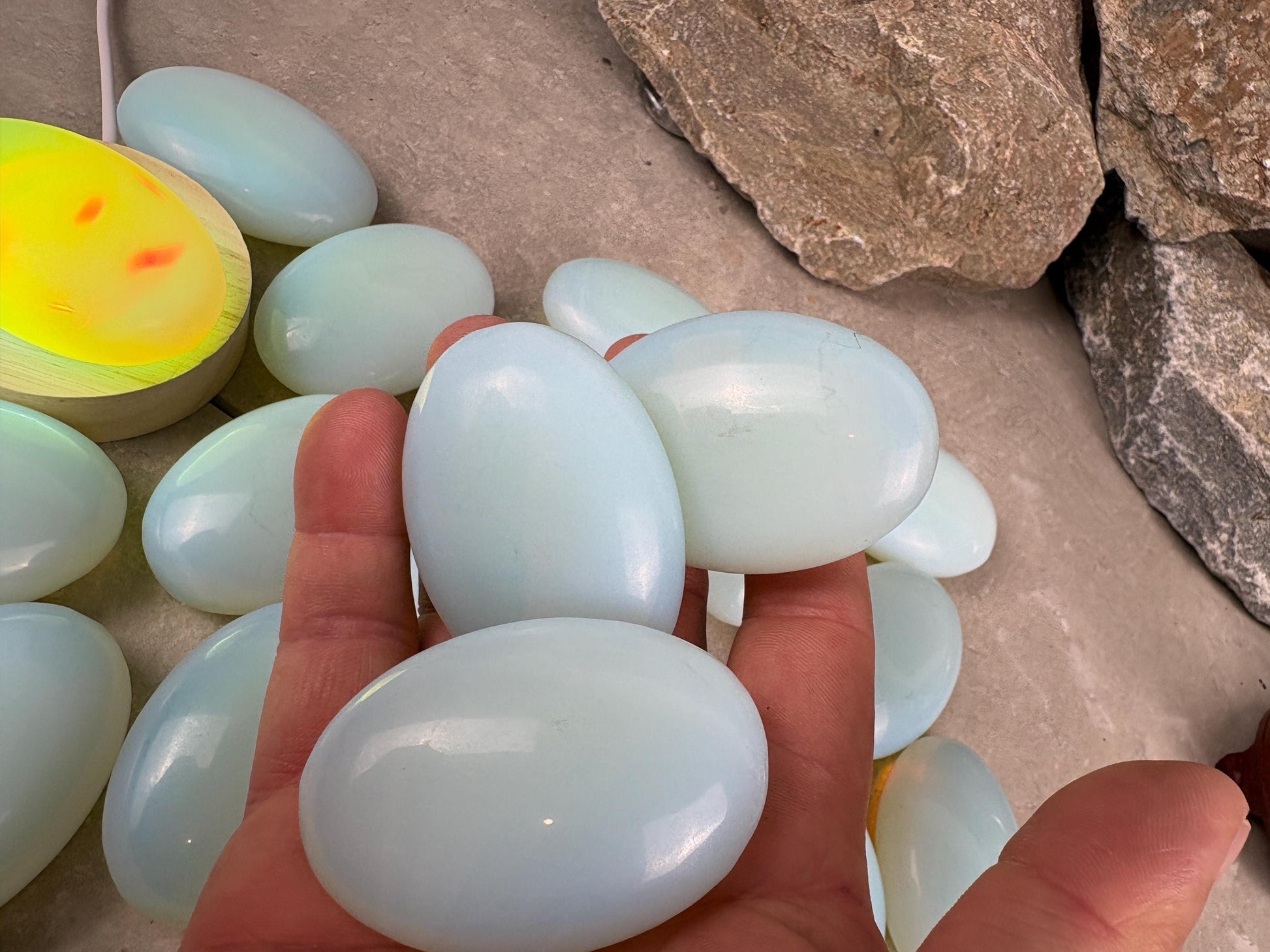 Angel Glass Opalite Palm Stone: Polished Crystal for Anxiety Relief Home Decor Worry Pocket Stress Anxiety Palm Birthday Christmas Gift