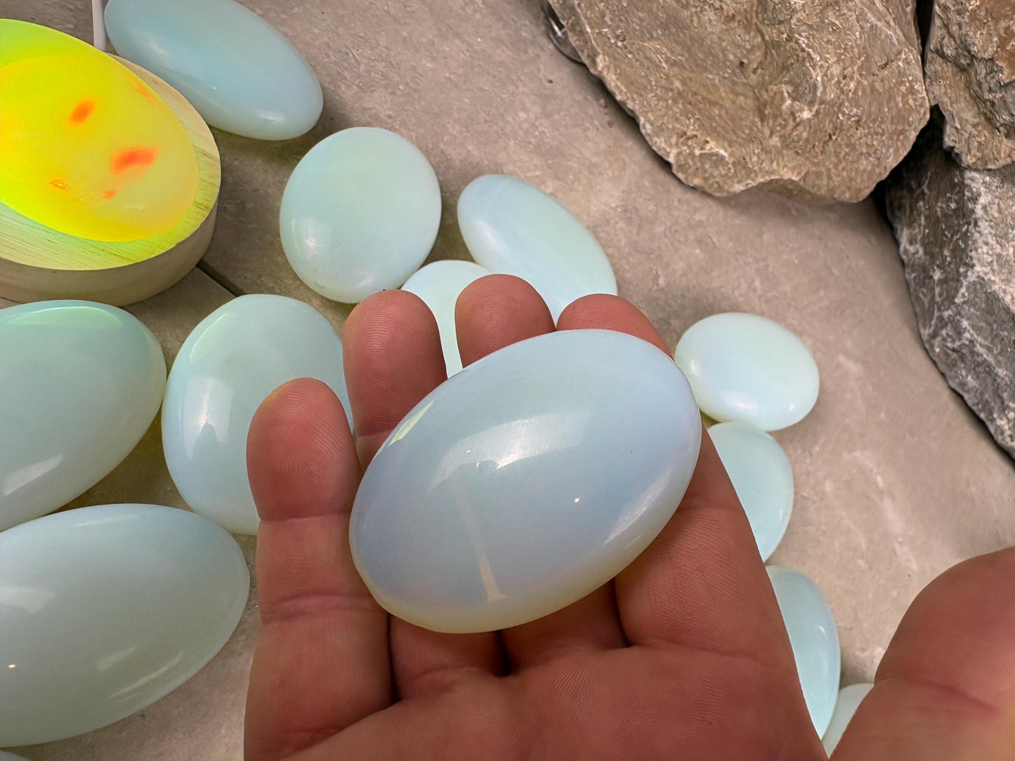 Angel Glass Opalite Palm Stone: Polished Crystal for Anxiety Relief Home Decor Worry Pocket Stress Anxiety Palm Birthday Christmas Gift