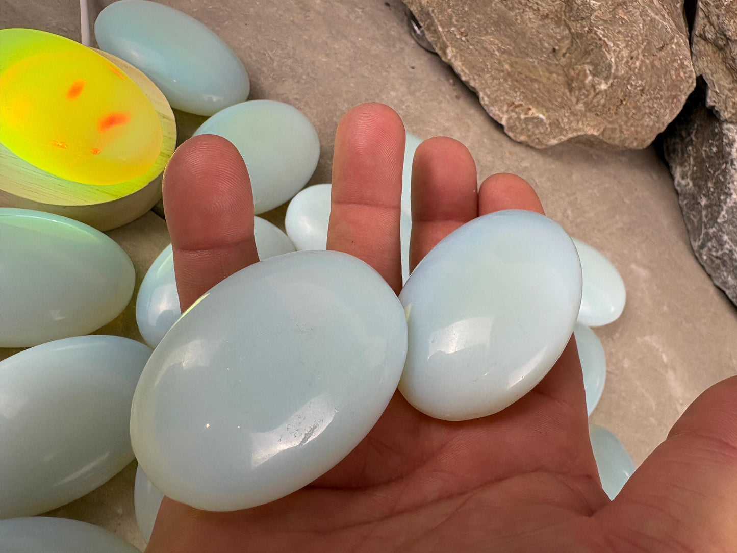 Angel Glass Opalite Palm Stone: Polished Crystal for Anxiety Relief Home Decor Worry Pocket Stress Anxiety Palm Birthday Christmas Gift