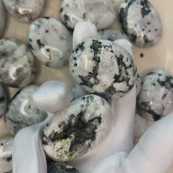 Polished White Moonstone Palm Stone: Carved Crystal for Anxiety Relief
