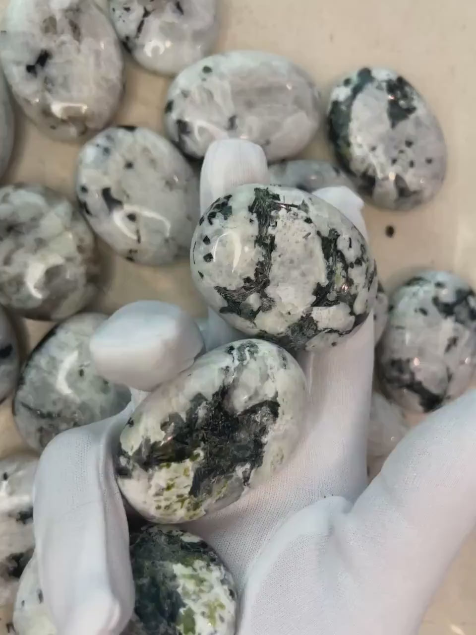 Polished White Moonstone Palm Stone: Carved Crystal for Anxiety Relief