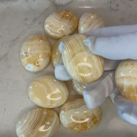 Honey Calcite Palm Stone: Polished Crystal for Anxiety & Focus