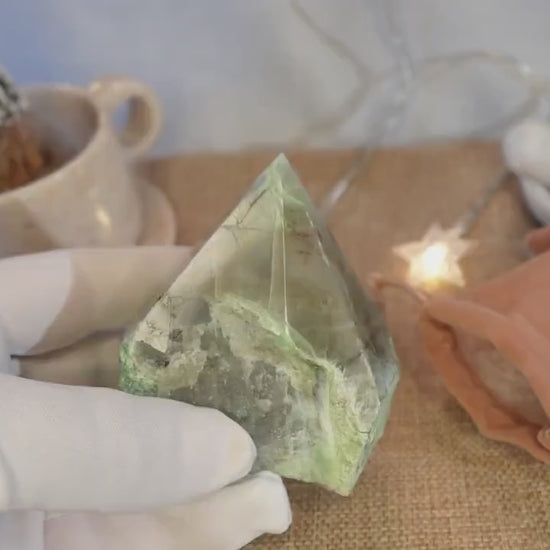 Green Moonstone Crystal Point: Polished Raw Stone, Meditation Decor