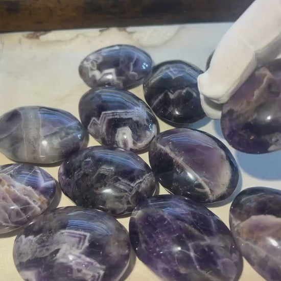 Dream Amethyst Palm Stone: Polished Carved Crystal, Home Decor