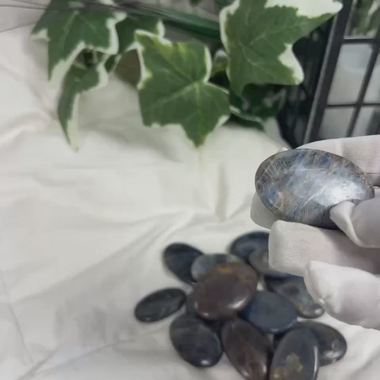 Blue Corundum Sapphire Palm Stone: Carved Crystal for Stress Relief
