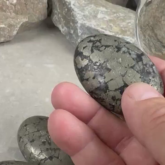 Spanish Black Iron Pyrite Egg Palm Stones Crystal Polished Home Decor, Meditation Dense Heavy stones for distraction from anxiety