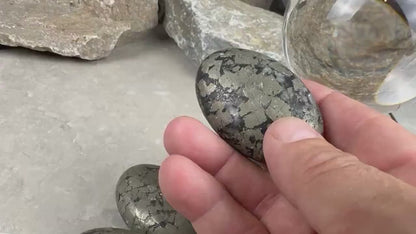 Spanish Black Iron Pyrite Egg Palm Stones Crystal Polished Home Decor, Meditation Dense Heavy stones for distraction from anxiety