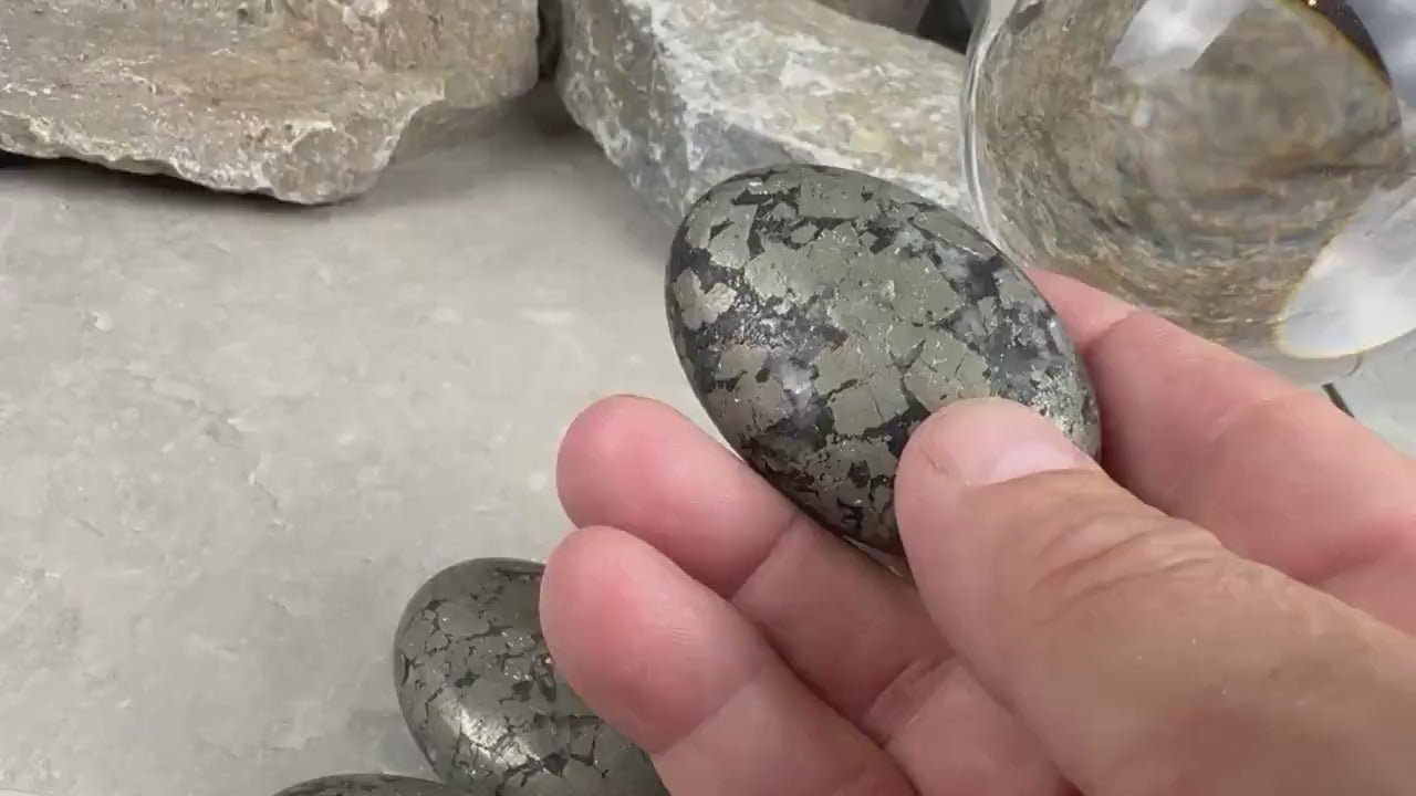 Spanish Black Iron Pyrite Egg Palm Stones Crystal Polished Home Decor, Meditation Dense Heavy stones for distraction from anxiety