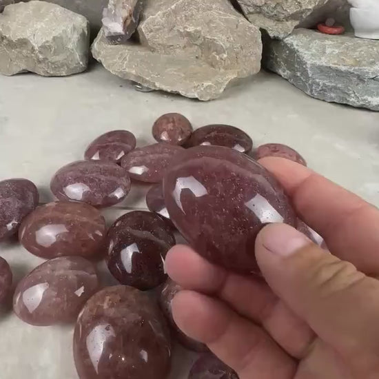 Arkansas Strawberry Quartz Palm Carving Polished Healing Stones Home Decor Arts Crafts Pocket Anxiety Stress Distraction Gift