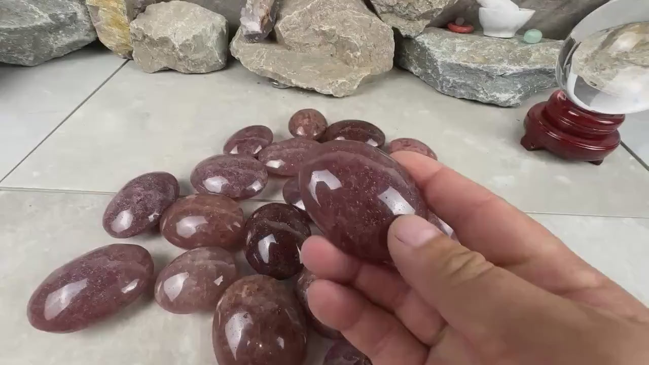Arkansas Strawberry Quartz Palm Carving Polished Healing Stones Home Decor Arts Crafts Pocket Anxiety Stress Distraction Gift