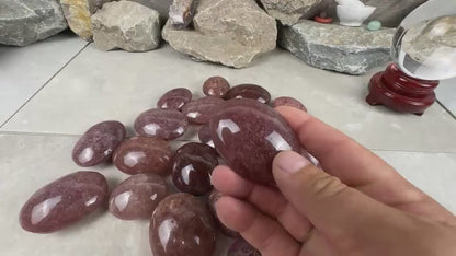 Arkansas Strawberry Quartz Palm Carving Polished Healing Stones Home Decor Arts Crafts Pocket Anxiety Stress Distraction Gift