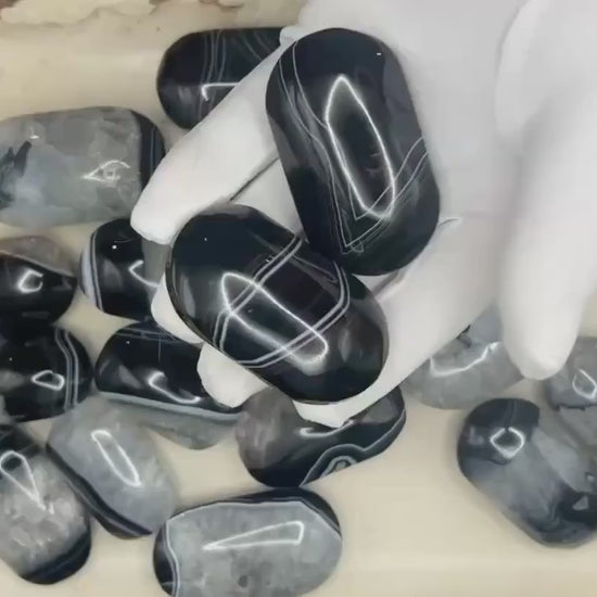 Black Onyx Banded Agate Palm Stone: Uruguay Carved Crystal for Stress Relief