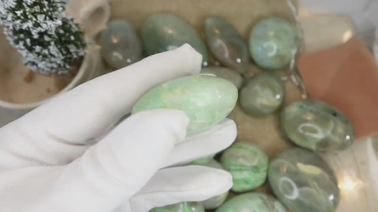 Green Moonstone Palm Stone: Polished Carved Crystal for Anxiety Relief