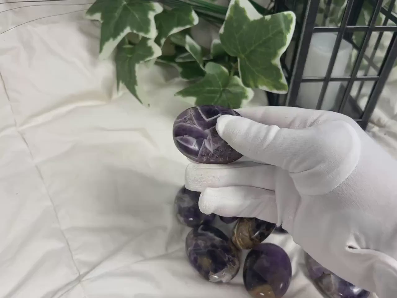 Brazilian Chevron Amethyst Palm Stone: Polished Crystal for Anxiety Relief