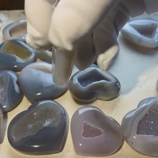 Greek Blue Lace Agate Druzy Heart: Polished Crystal Palm Stone