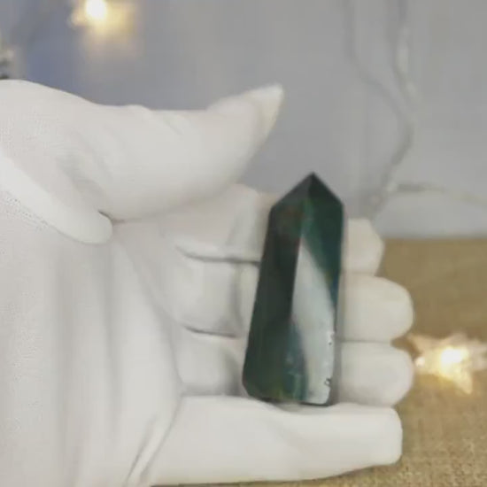 Sea Jasper Crystal Tower: Polished Green, Gold, and Red Stone Wand