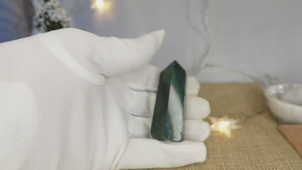 Sea Jasper Crystal Tower: Polished Green, Gold, and Red Stone Wand