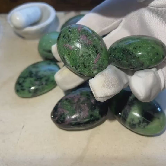 Ruby in Zoisite Palm Stone: Polished Carved Crystal, Anxiety Relief